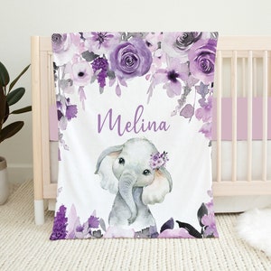 Personalized Elephant Baby Blanket, Purple Floral Baby Blanket, Custom Baby Girl Blanket Floral Elephant, Baby Shower Gift Baby Name Blanket