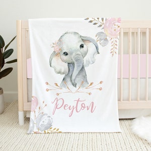 Personalized Elephant Baby Blanket, Baby Girl Blanket, Baby Name Blanket, Floral Elephant Nursery, Baby Shower Gift, Elephant Baby Bedding