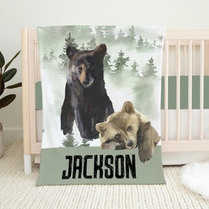 Personalized Bear Baby Blanket, Woodland Baby Blanket, Baby Boy Blanket, Baby Shower Gift, Forest Baby Blanket, Bear Crib Bedding, Baby Name