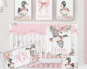 Baby Girl Hunting Nursery Bedding, Mallard Duck Crib Bedding, Duck Nursery Decor, Floral Crib Sheet Set, Duck Hunter Gifts, Pink Bow Blanket