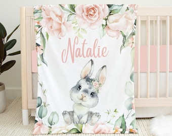 Manta de conejito personalizada, manta de bebé floral rosa, manta de niña bebé, manta de nombre de bebé, niña de regalo de ducha de bebé, manta de bebé de conejo de conejito