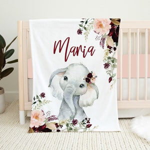 Personalized Elephant Baby Blanket, Floral Baby Blanket, Baby Girl Blanket, Floral Elephant Baby Blanket, Baby Shower Gift Baby Name Blanket
