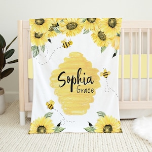 Personalisierte Bienen Babydecke, Baby Mädchen Decke, Babyparty Geschenk Name Decke, Bumble Bee Kindergarten, Bienen Krippe Bettwäsche Sonnenblume Babydecke