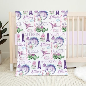 Personalized Dinosaur Blanket, Baby Girl Blanket, Baby Name Blanket, Girl Dinosaur Baby Blanket, Dinosaur Crib Bedding, Baby Shower Gift