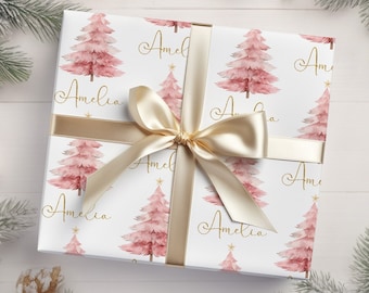 Papel de regalo navideño personalizado, papel de regalo con diseño de árbol de Navidad rosa, papel de regalo navideño, papel de regalo personalizado rosa para niña