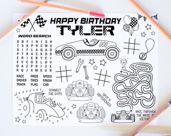 Editable Racing Car Party Placemat, Race Car Birthday Coloring Placemat, Activity Sheet Printable, Party Coloring Page, Race Car Party Games