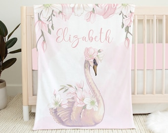 Personalized Swan Baby Blanket, Floral Baby Girl Blanket, Baby Name Blanket, Baby Shower Gift, Swan Crib Bedding, Swan Nursery Bedding, Pink