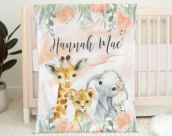 Couverture personnalisée Peach Floral Safari Baby Blanket, Baby Girl Blanket, Baby Shower Gift, Safari Nursery, Safari Crib Bedding, Custom Name Blanket