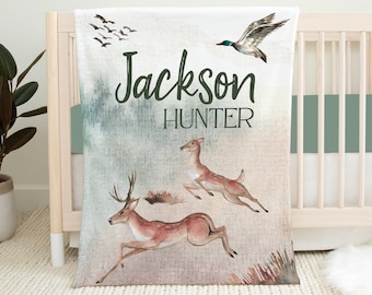 Personalized Duck Hunting Blanket, Baby Boy Blanket, Woodland Deer Baby Blanket, Duck Hunting Nursery, Baby Shower Gift, Baby Name Blanket
