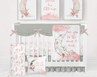 Pink Floral Moon Crib Bedding, Love You to the Moon and Back Baby