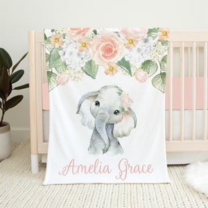 Personalized Elephant Blanket, Pink Floral Elephant Baby Blanket, Baby Girl Blanket, Elephant Nursery, Baby Name Blanket Custom Baby Blanket