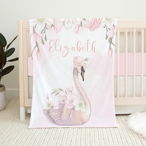 Personalized Swan Baby Blanket, Floral Baby Girl Blanket, Baby Name Blanket, Baby Shower Gift, Swan Crib Bedding, Swan Nursery Bedding, Pink