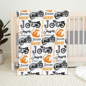 Personalized Motorcycle Blanket, Baby Name Blanket, Baby Boy Blanket, Personalized Motorcycle Gift, Motorcycle Crib Bedding Baby Shower Gift