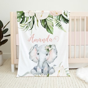 Personalized Elephant Baby Blanket, Baby Girl Blanket, Baby Shower Gift, Baby Name Blanket, Safari Baby Blanket Jungle Elephant Crib Bedding