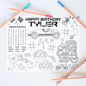 Editable Racing Car Party Placemat, Race Car Birthday Coloring Placemat, Activity Sheet Printable, Party Coloring Page, Race Car Party Games