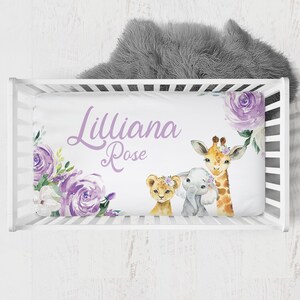 Personalized Safari Crib Sheets, Purple Floral Crib Sheet, Safari Crib Bedding, Safari Nursery, Baby Girl Crib Bedding, Safari Baby Bedding