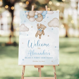Beary First Birthday Sign, Teddy Bear Birthday Welcome Sign Boy, Bear-Y First Birthday Decor, Balloons First Birthday Sign Welcome Poster