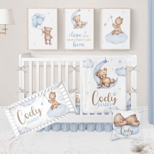 Teddy Bear Crib Bedding Set, Baby Crib Bedding, Blue Nursery Decor Boy, Teddy Bear Nursery Bedding, Moon Stars Baby Bedding Crib Sets Boy