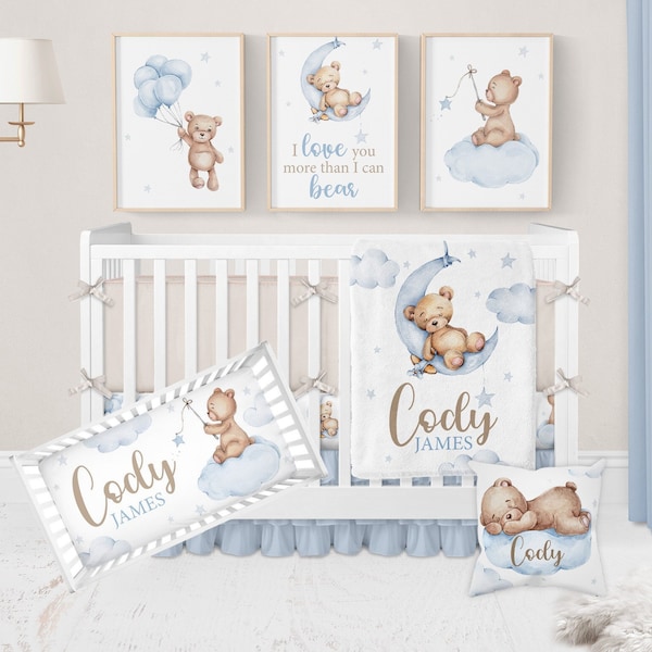 Parure de lit pour lit de bébé ours en peluche, literie pour lit de bébé, déco chambre d'enfant bleu garçon, literie pour chambre d'enfant ours en peluche, lune étoiles parure de lit pour lit de bébé garçon