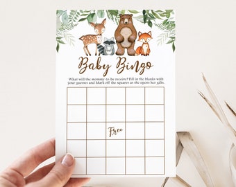 Woodland Baby Shower Bingo Cards, Baby Bingo Game, Woodland Baby Shower Game, Greenery Woodland Animals Baby Shower Bingo Game Printable WS1