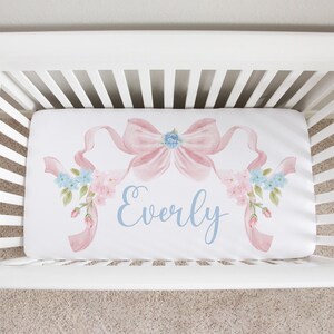 Personalized Pink Bow Crib Sheets Girl, Pink Crib Bedding Girl, Pink And Blue Bow Crib Bedding, Mini Crib Sheets, Chic Nursery, Girl Bedding