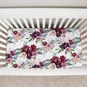 Floral Crib Sheet Girl, Floral Crib Bedding, Mauve Crib Sheet, Pink, Purple, Burgundy Crib Bedding, Baby Girl Crib Bedding, Crib Sheets Girl