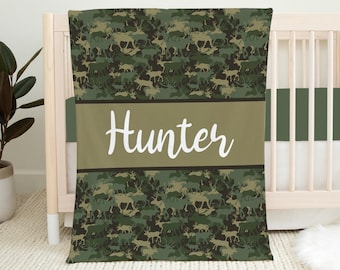 Gepersonaliseerde camouflage babydeken, camouflagedeken, deken babynaam, deken babyjongen, camouflage wieg beddengoed, babyshower cadeau, babydeken jagen