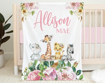 Personalized Safari Baby Blanket, Pink Floral Safari Animals Baby Girl Blanket, Baby Shower Gift, Baby Name Blanket, Safari Crib Bedding