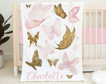 Manta de bebé mariposa personalizada, manta de niña, manta de nombre de bebé, regalo de baby shower, ropa de cama de cuna de mariposa rosa, vivero de mariposas