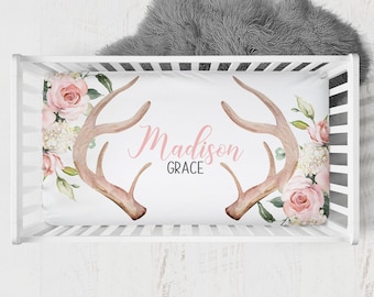 Personalized Deer Crib Sheet, Crib Sheets Girl, Baby Girl Crib Bedding, Crib Sheets Woodland, Antler, Woodland Baby Girl Bedding Pink Floral