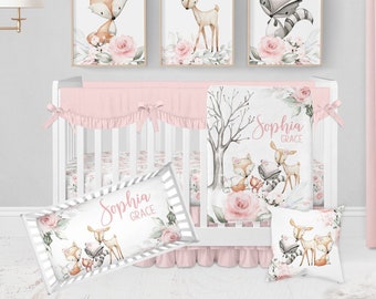 Baby Girl Woodland Crib Bedding Set, Crib Bedding Set Girl, Woodland Animal Nursery Set, Pink Floral Crib Sheets Girl, Woodland Nursery Girl