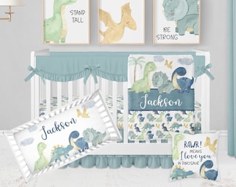 Dinosaur Crib Bedding Set, Baby Boy Crib Bedding, Dinosaur Nursery, Boy Nursery Bedding Set, Personalized Dinosaur Baby Blanket, Blue, Green