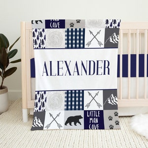 Personalized Woodland Baby Blanket, Baby Name Blanket, Baby Boy Blanket Woodland Crib Bedding, Baby Shower Gift, Navy Blue Bear Baby Blanket