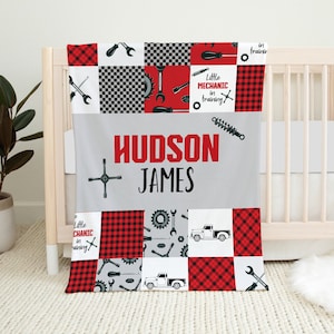 Personalized Mechanic Baby Blanket, Baby Name Blanket, Baby Boy Blanket, Mechanic Crib Bedding, Baby Shower Gift, Mechanic Nursery Bedding