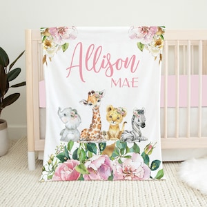 Personalized Safari Baby Blanket, Pink Floral Safari Animals Baby Girl Blanket, Baby Shower Gift, Baby Name Blanket, Safari Crib Bedding