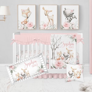 Baby Girl Woodland Crib Bedding Set, Crib Bedding Set Girl, Woodland Animal Nursery Set, Pink Floral Crib Sheets Girl, Woodland Nursery Girl image 1