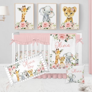 Safari Crib Bedding Set, Girl Crib Bedding, Safari Animal Nursery, Pink Floral Crib, Elephant Baby Bedding, Personalized Safari Baby Blanket