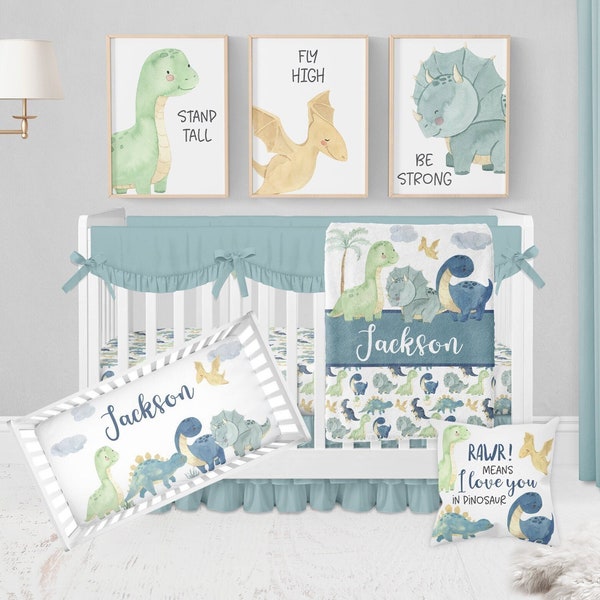 Dinosaur Crib Bedding Set, Baby Boy Crib Bedding, Dinosaur Nursery, Boy Nursery Bedding Set, Personalized Dinosaur Baby Blanket, Blue, Green