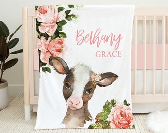 Personalized Cow Baby Blanket, Floral Baby Blanket, Baby Girl Blanket, Baby Shower Gift, Cow Crib Bedding, Cow Baby Gift, Farm Baby Blanket