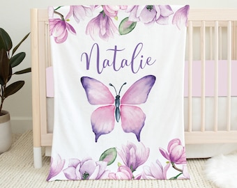 Manta de bebé mariposa personalizada, manta floral para niña, manta con nombre de bebé, regalo de baby shower, ropa de cama de cuna de mariposa, rosa y morado