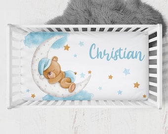 Personalized Teddy Bear Crib Sheet, Crib Sheets Boy, Teddy Bear Crib Bedding, Teddy Bear Nursery, Baby Boy Crib Bedding, Blue, Moon, Stars