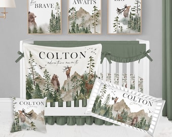 Woodland Crib Bedding Set, Boy Crib Bedding, Woodland Nursery Bedding Boy, Crib Sheets Boy, Forest, Adventure, Bear, Mountain Baby Bedding