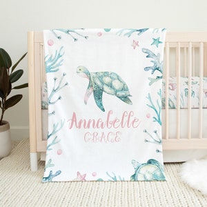Personalized Sea Turtle Baby Blanket, Baby Name Blanket, Custom Baby Girl Blanket, Ocean Nursery, Sea Turtle Crib Bedding, Baby Shower Gift