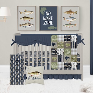 Fishing Crib Bedding, Baby Boy Crib Bedding Set, Crib Sheets Boy, Fishing Nursery, Woodland, Fishing Crib Set, Baby Boy Bedding, Navy, Green