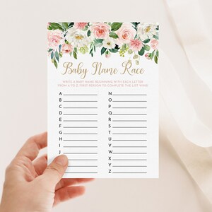 Baby Name Race Game, Blush Pink Floral Baby Shower Games, Girl Baby Name Alphabet Game, Printable Baby Shower Games, Instant Download, PFB1