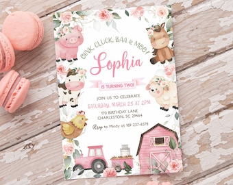 Girl Farm Birthday Invitation, Editable Floral Farm Animals Party Invite, Pink Barnyard Party Invitation For Girls, Download Template FAB1