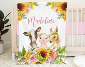 Gepersonaliseerde boerderijdeken, babymeisjesdeken, zonnebloem babydeken, boerderij wieg beddengoed, babyshowercadeau, boerderijdierkwekerij, koeiendeken