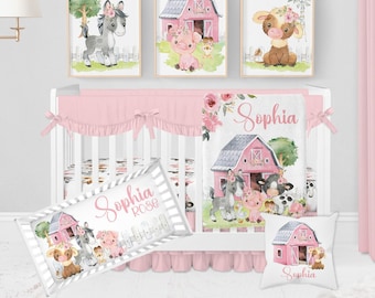 Baby Girl Crib Bedding Set, Farm Crib Bedding Set Girl, Farm Animal Nursery Bedding Set, Pink Floral Crib Bedding, Farm Nursery Decor Girl