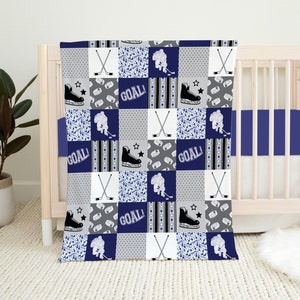 Hockey Blanket, Baby Boy Blanket, Hockey Baby Blanket, Blue, Grey, Black, Hockey Nursery, Baby Shower Gift, Hockey Crib Bedding, Sports Baby