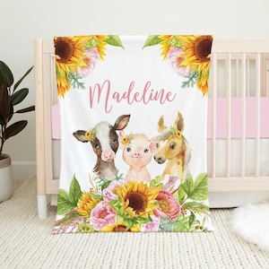 Personalized Farm Blanket, Baby Girl Blanket, Sunflower Baby Blanket, Farm Crib Bedding, Baby Shower Gift, Farm Animal Nursery, Cow Blanket